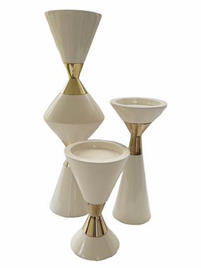 Global Views Dwell Studio Set 3 Hourglass Pillar Candle Holders Off-White Brass